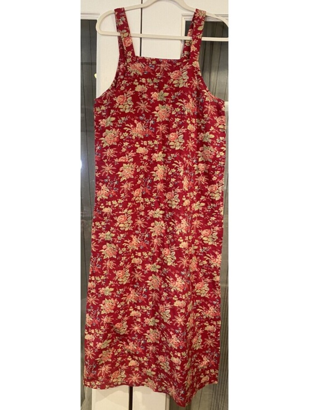 Vintage April Cornell Floral Maxi Dress Size M Red Sleeveless Cotton Apron